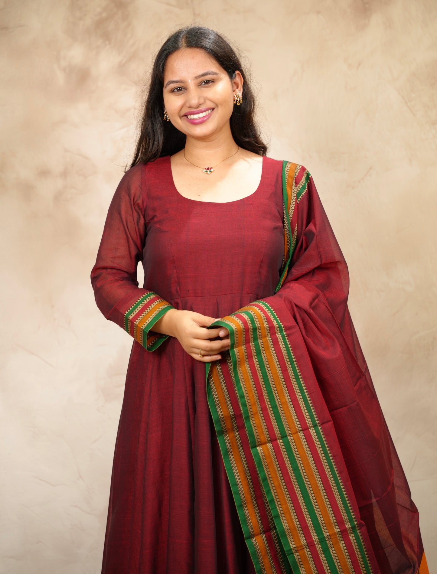 Maroon Narayanpet Cotton Anarkali Dress with Narayanpet Dupatta | Looms & Tassels
