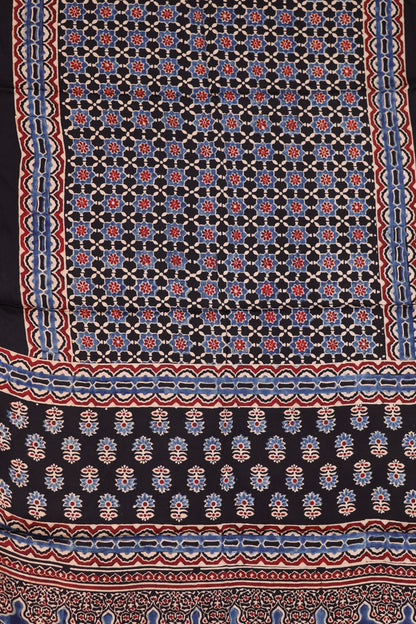 Black Ajrakh Hand Block Printed Modal Silk Stole | Looms & Tassels