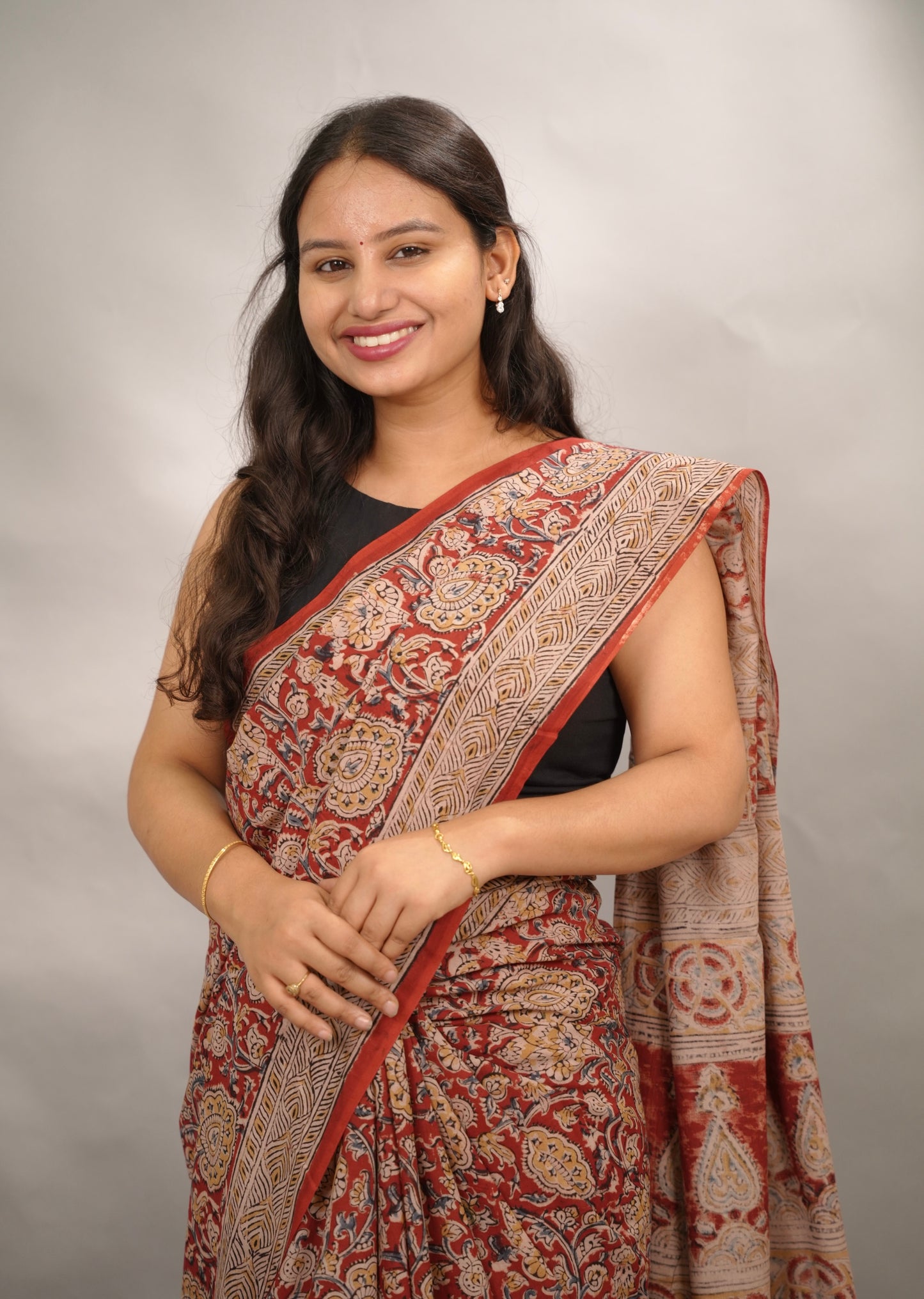 Red Hand Block Printed Kalamkari Cotton Saree | Looms & Tassels