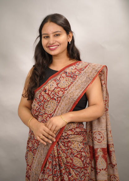 Red Hand Block Printed Kalamkari Cotton Saree | Looms & Tassels