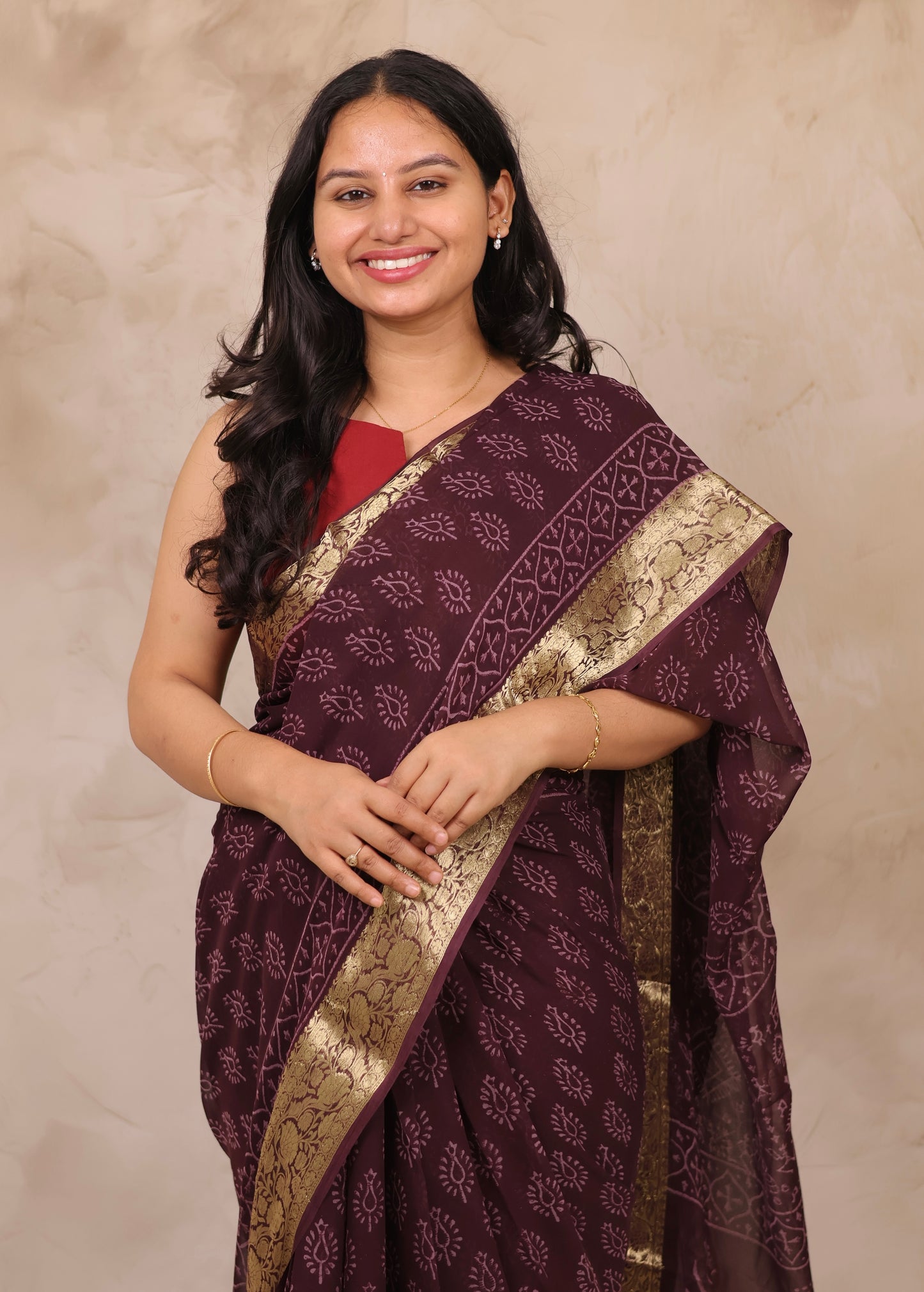 Coffee Brown Chiffon Hand Block Printed Saree with Jari Border | Looms & Tassels