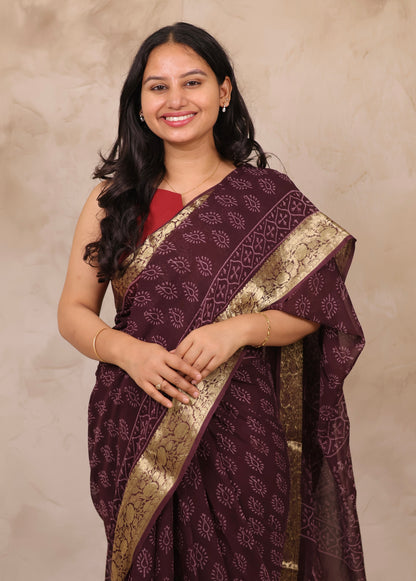 Coffee Brown Chiffon Hand Block Printed Saree with Jari Border | Looms & Tassels