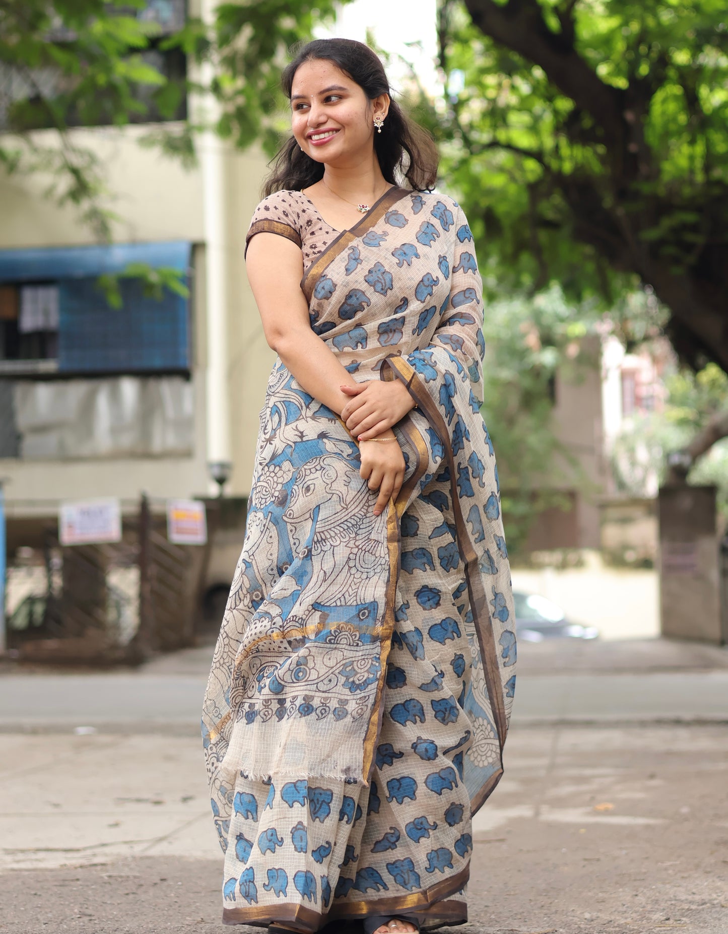 Blue Kalamkari printed Kota Doriya Saree