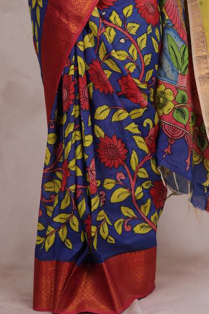 Hand Drawn Pen Kalamkari Blue And Red Bangalore Silk Kanchi Border Saree | Looms & Tassels