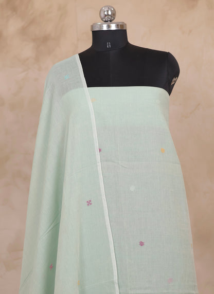 Pastel Green Handwoven Jamdhani weaving pure Malai cotton 2 piece suit sets | Looms & Tassels