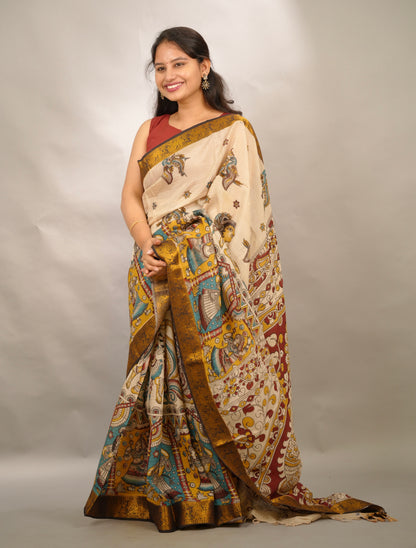 Cream Kanchi border Kalamkari chennur silk saree | Looms & Tassels