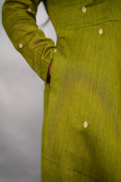 Parrot  Green Ajrakh Patch Work Narayanpet Cotton Anarkali Dress with Ajrakh Modal Silk Dupatta | Looms & Tassels
