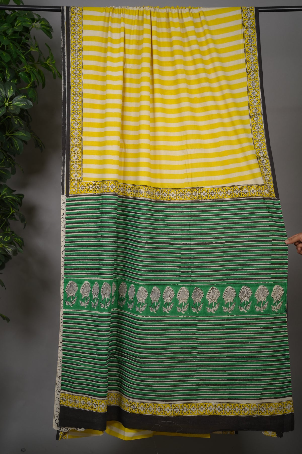Yellow Bagru Handblock printed MulMul cotton saree | Looms & Tassels