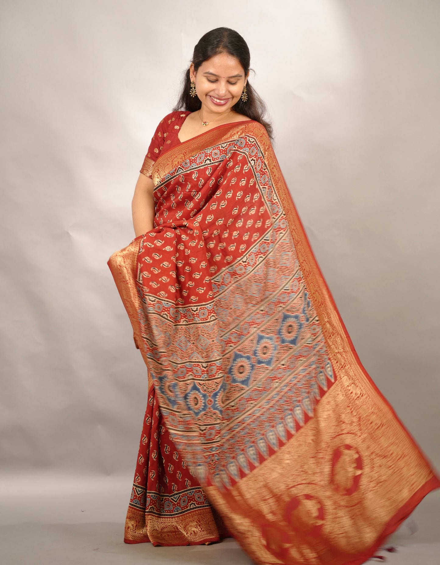 Red Butta Ajrakh Handblock printed Dola Silk Saree | Looms & Tassels