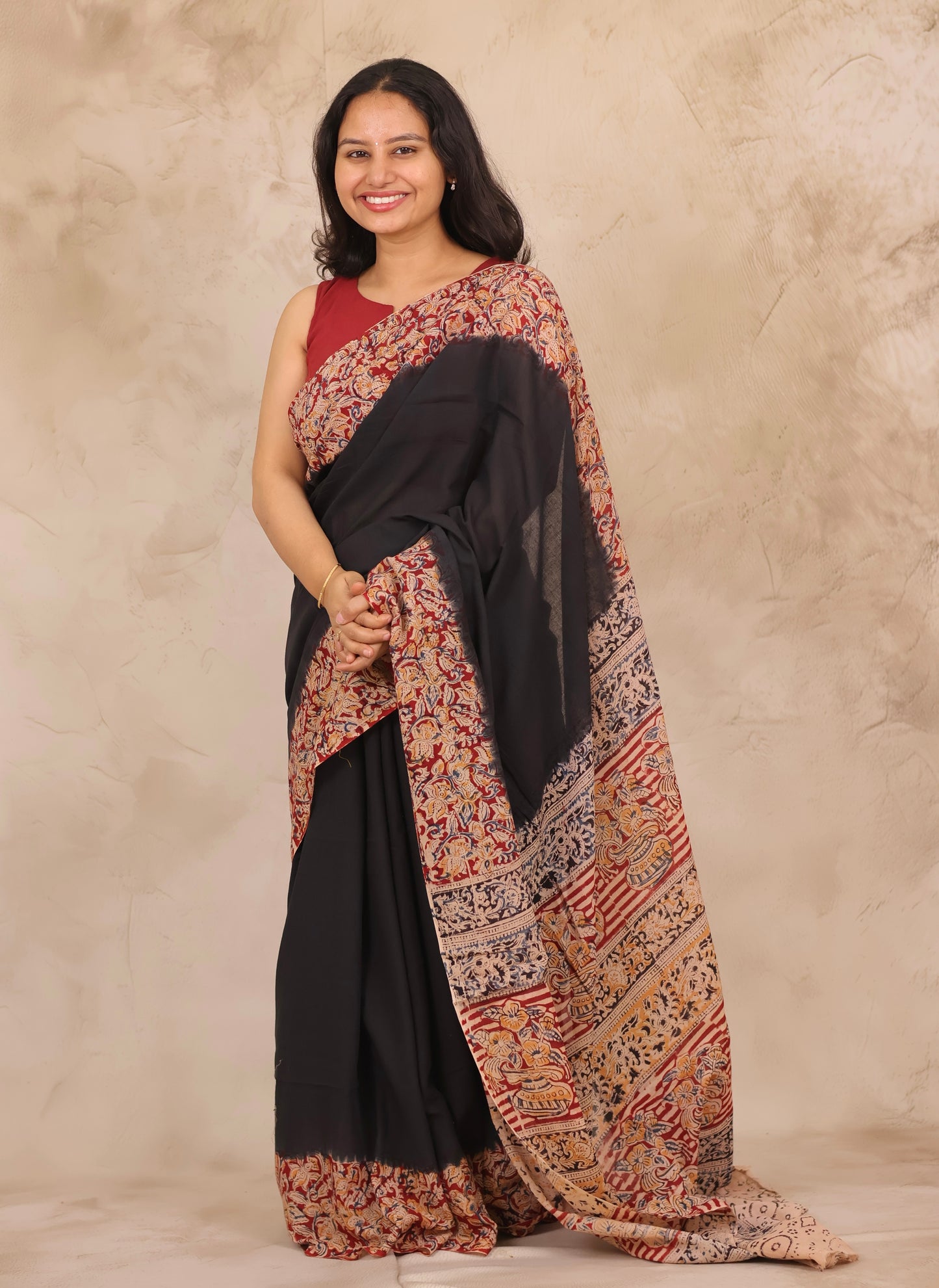 Black Hand Block Printed Kalamkari Cotton Saree | Looms & Tassels