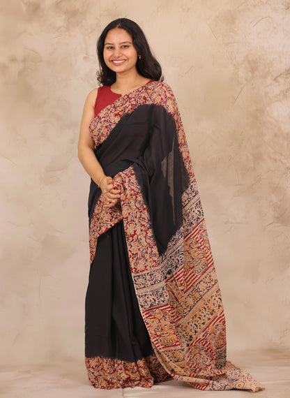 Black Hand Block Printed Kalamkari Cotton Saree | Looms & Tassels