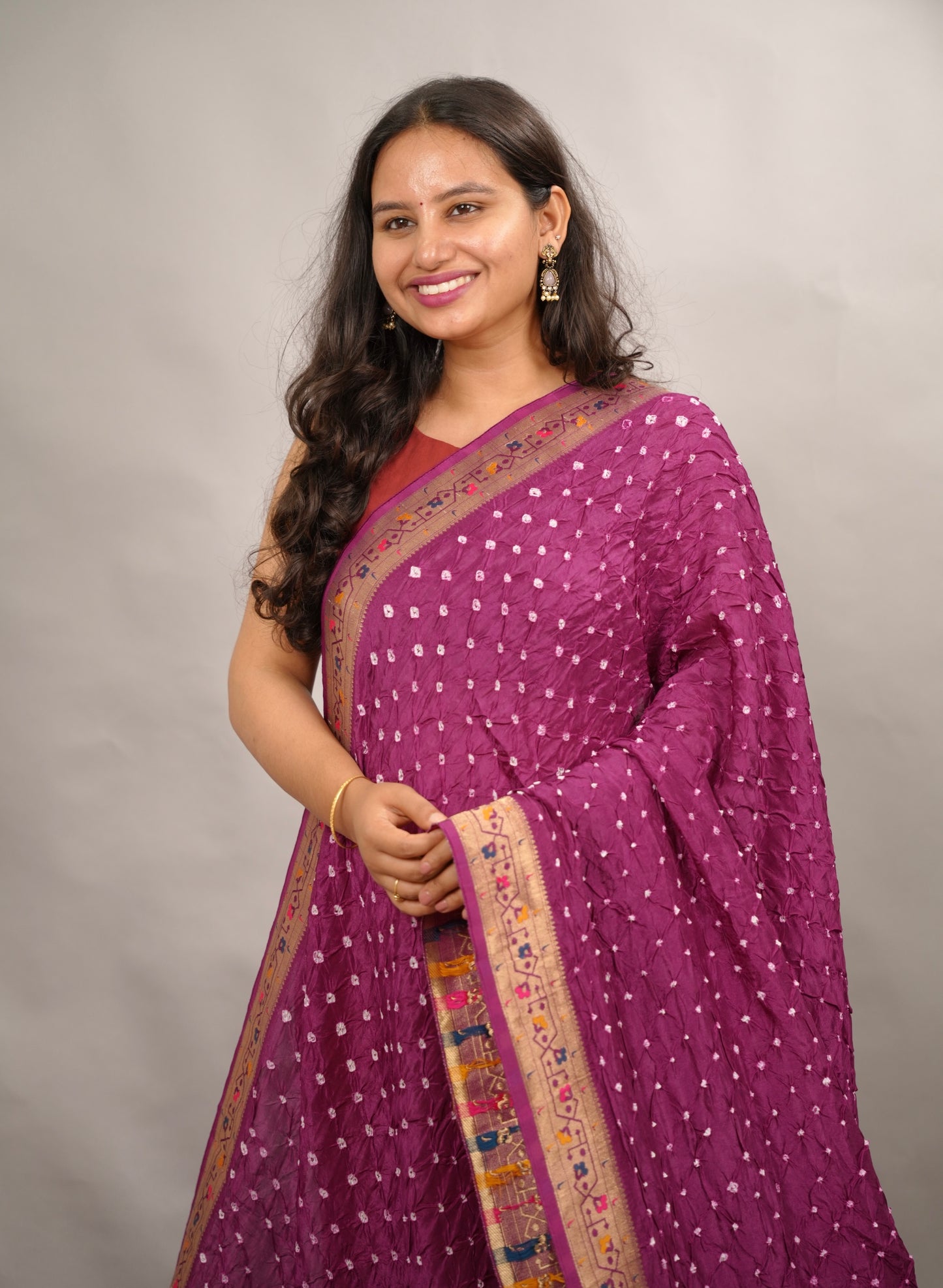 Magenta Handcrafted Bandhani Paithani Dola Silk Saree | Looms & Tassels