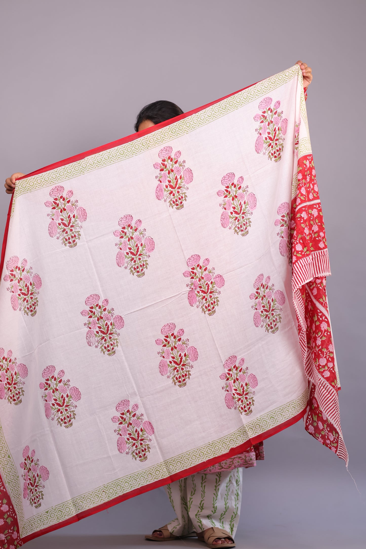 Red Floral Handblock printed Pure Mul Cotton with Mul Cotton Duppata 3 piece suit In Chudi Sleeves (stitched)
