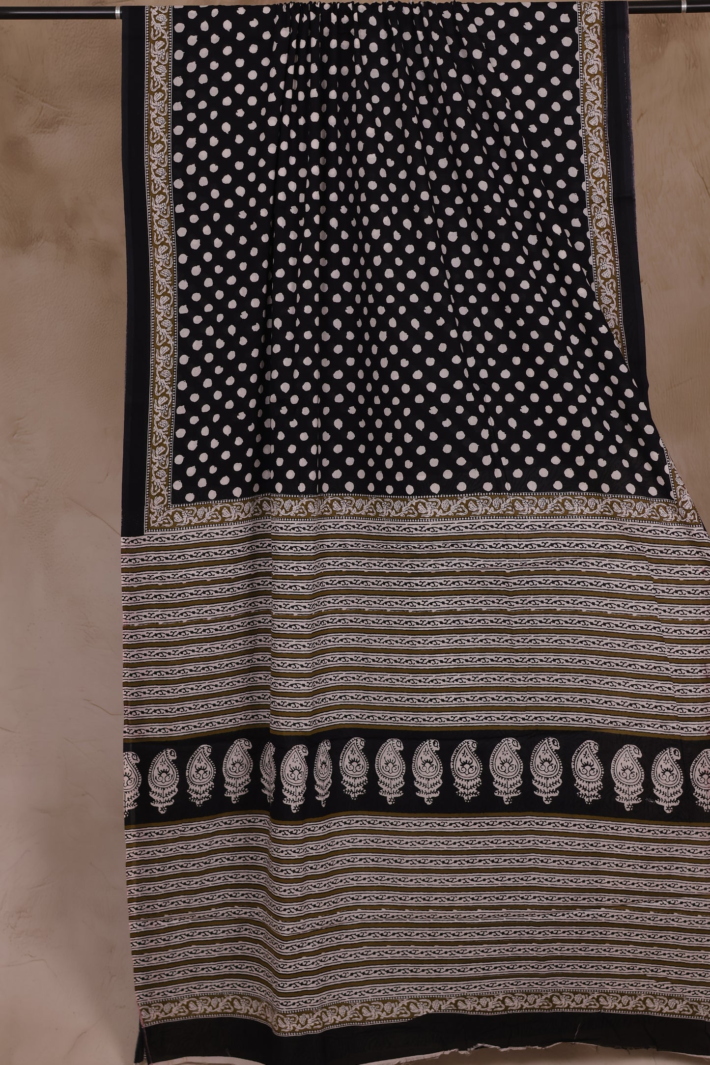 Black Polka Dots Bagru Handblock printed MulMul cotton saree | Looms & Tassels