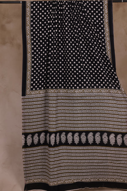 Black Polka Dots Bagru Handblock printed MulMul cotton saree | Looms & Tassels