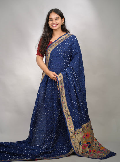 Cyan Blue Handcrafted Bandhani Paithani Dola Silk Saree | Looms & Tassels