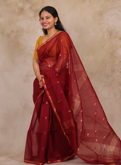 Maroon Handloom Maheswari Silk Cotton Sarees | Looms & Tassels