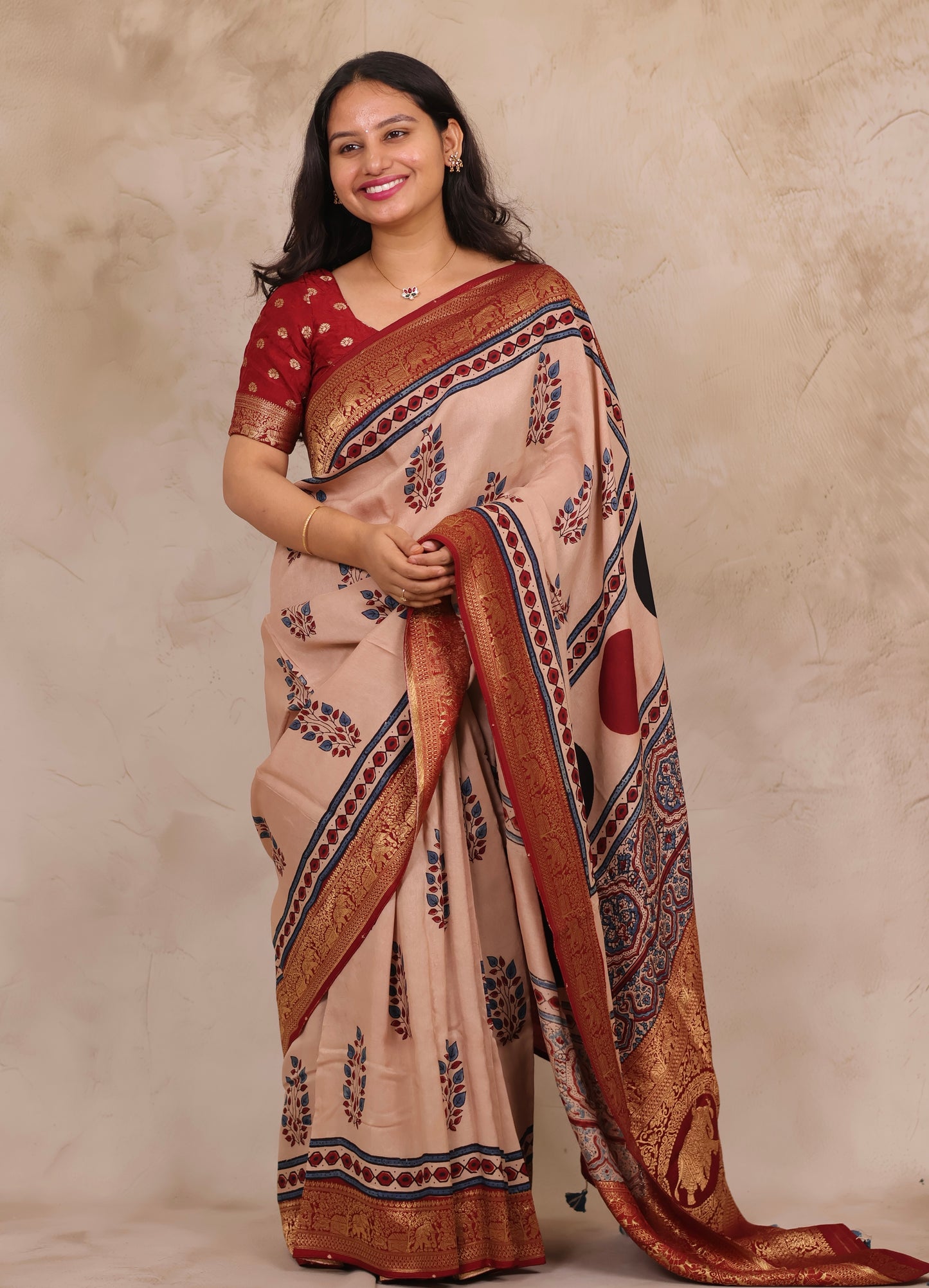 Ajrakh Handblock printed Dola Silk Saree | Looms & Tassels