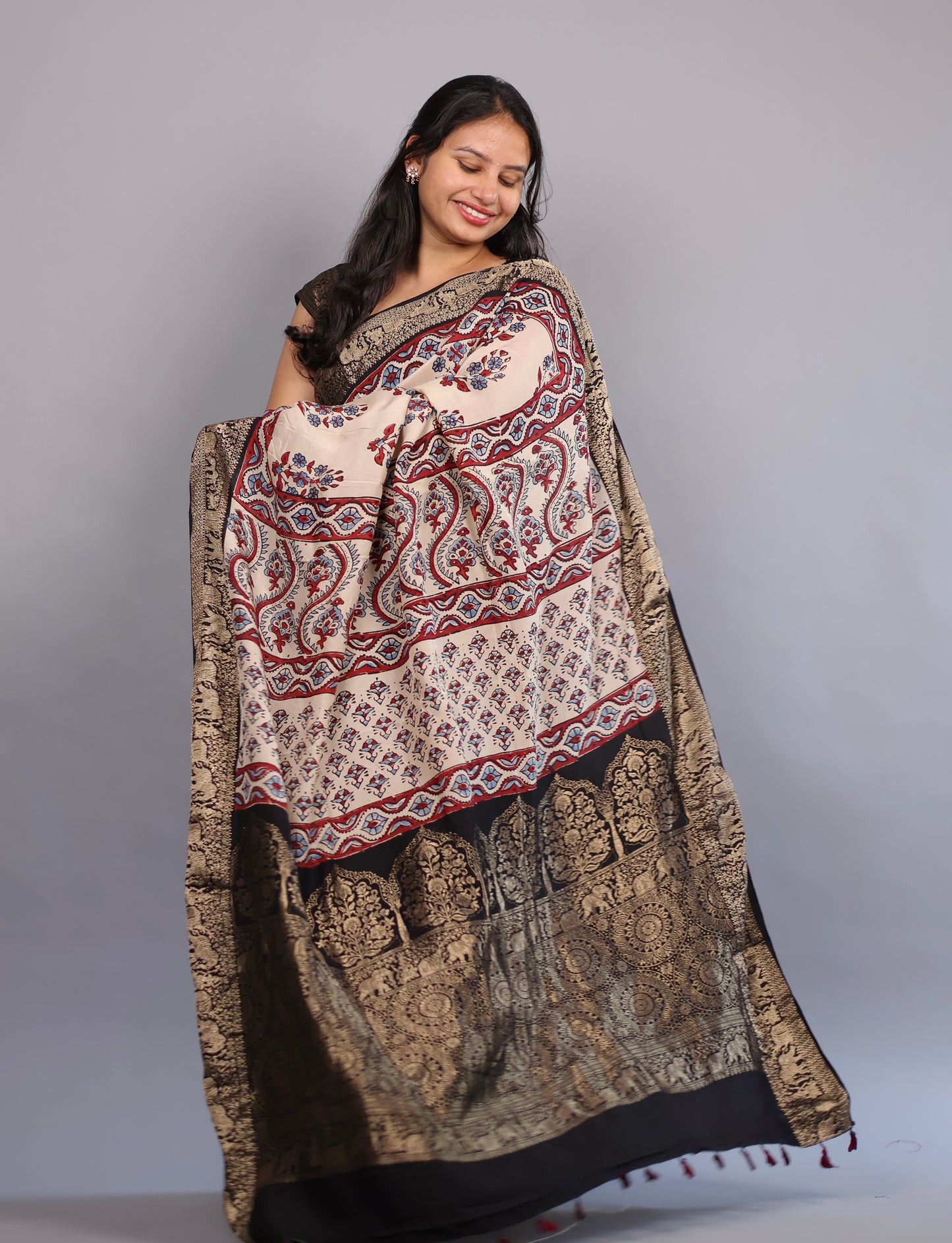 Cream Flower Butta Ajrakh Handblock printed Dola Silk Saree | Looms & Tassels