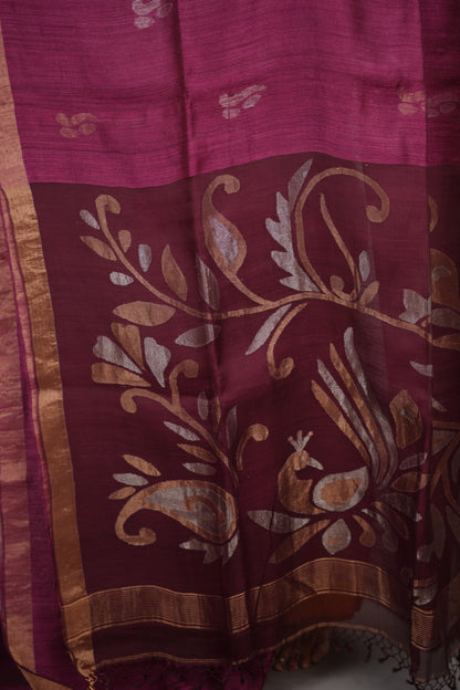 Magenta Handloom Jamdhani Pure Matka Silk Saree with Muslin Silk Pallu