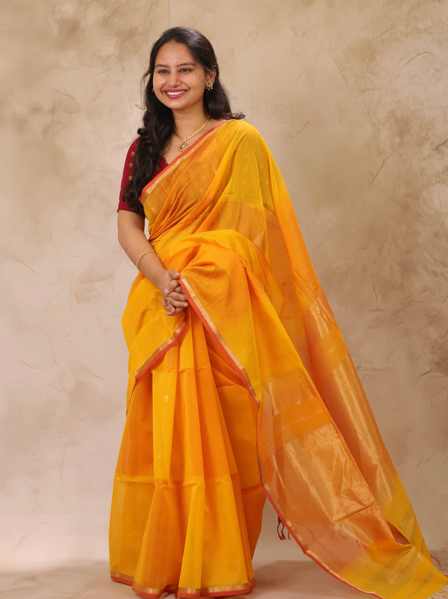 Yellow Dual Tone Handloom Maheswari Silk Cotton Sarees | Looms & Tassels