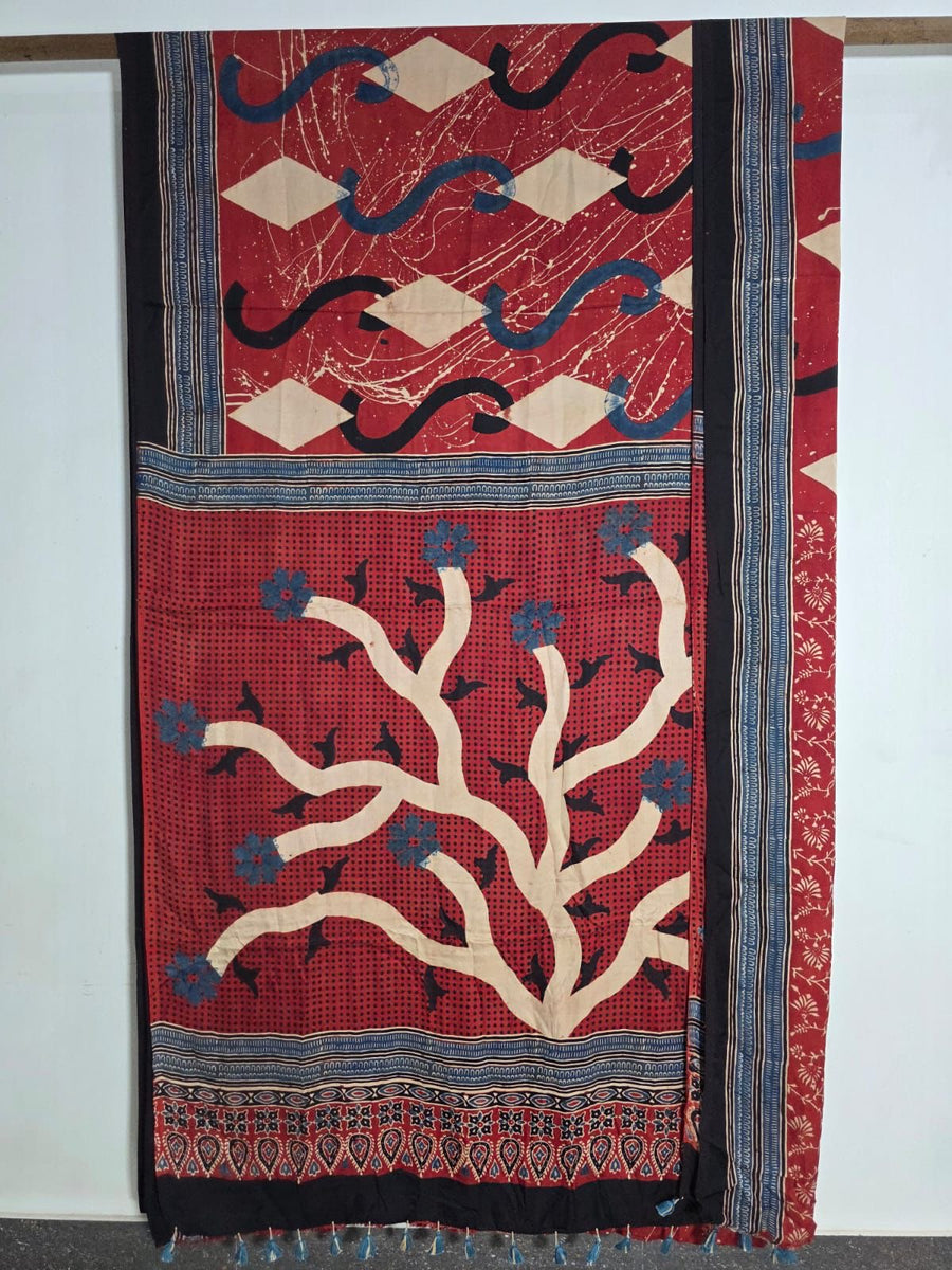 Red Exclusive Authentic Ajrakh Handblock Printed Modal Silk Saree | Looms & Tassels