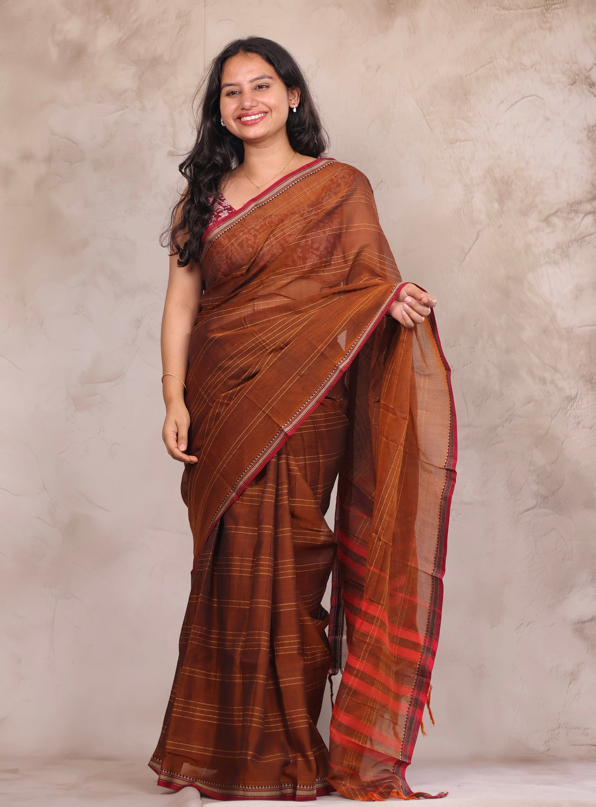 Mustard Narayanpet Cotton Saree lines weaving Saree | Looms & Tassels
