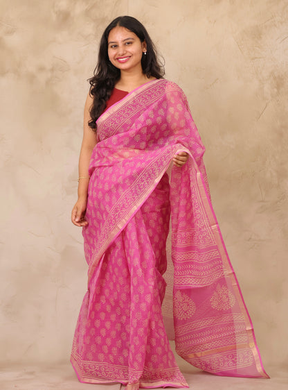 Pink Pure Kota Doria Saree with Bagru Handblock Prints | Looms & Tassels