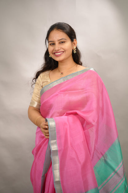 Baby Pink & Seagreen Handloom Mangalagiri Silk Saree| Looms & Tassels