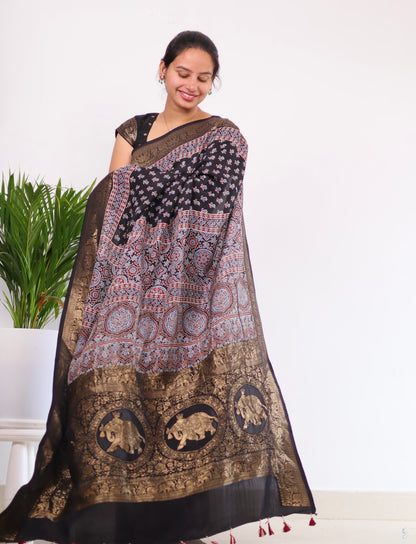 Ajrakh Dola Silk Saree