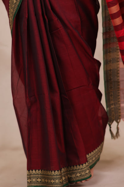 Maroon Narayanpet Cotton Saree | Looms & Tassels