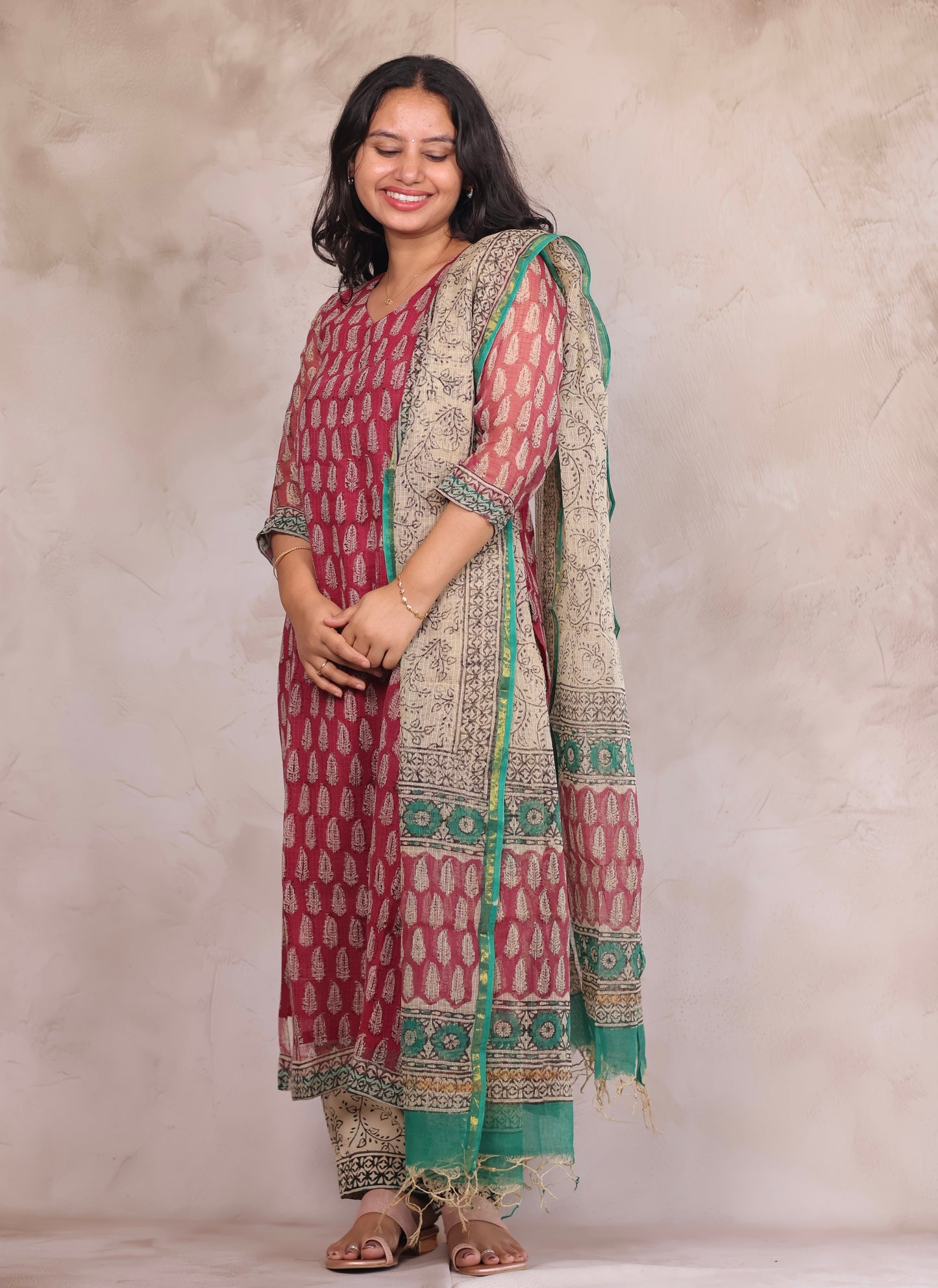 Maroon Bagru Handblock printed kota 3 piece suit (stitched)