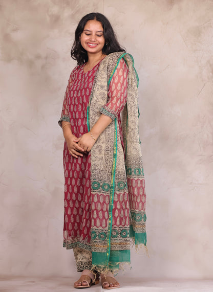 Maroon Bagru Handblock printed kota 3 piece suit (stitched)