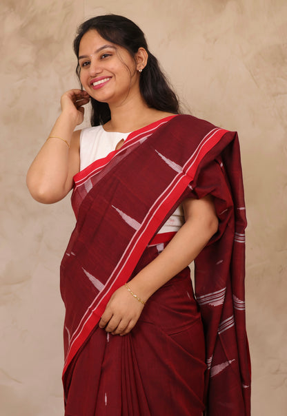Maroon Handwoven Malai Cotton Saree| Looms & Tassels