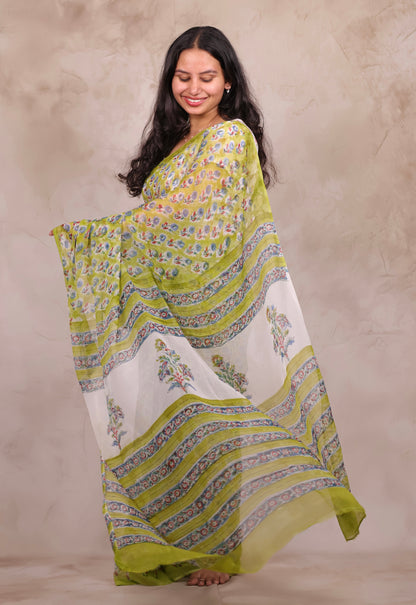 Green Chiffon Hand Block Printed Saree | Looms & Tassels