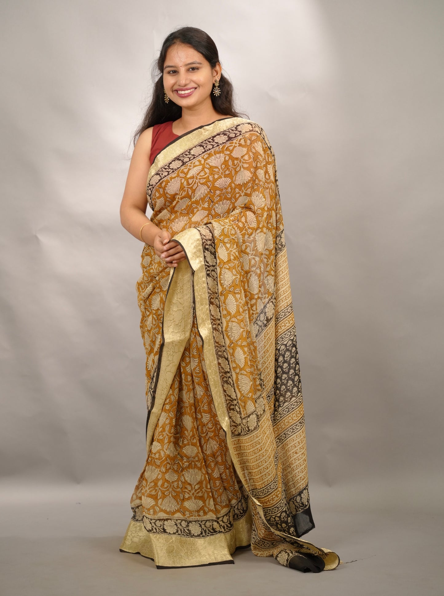 Mustard Chiffon Hand Block Printed Saree with Jari Border | Looms & Tassels