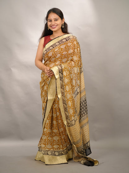 Mustard Chiffon Hand Block Printed Saree with Jari Border | Looms & Tassels