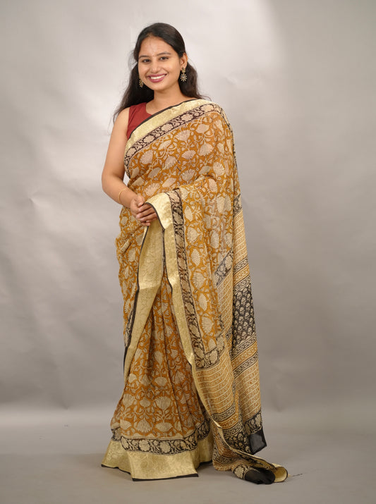 Mustard Chiffon Hand Block Printed Saree with Jari Border | Looms & Tassels