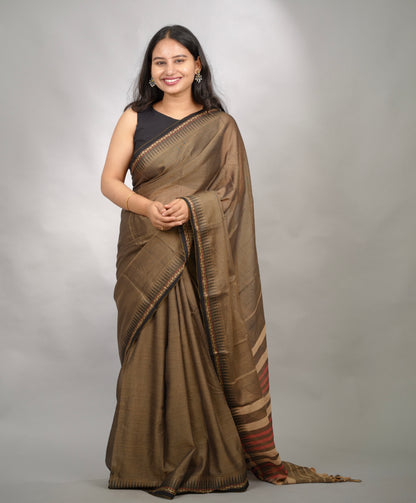 Grey Narayanpet Cotton Saree With Temple Border | Looms & Tassels