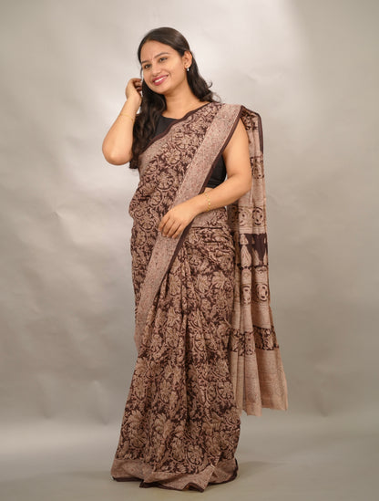 Maroon Hand Block Printed Kalamkari Cotton Saree | Looms & Tassels