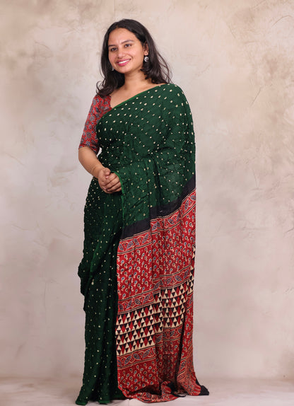 Bottle Green Hand Knotted Bandhej Modal Silk Saree with Ajrakh Pallu | Looms & Tassels