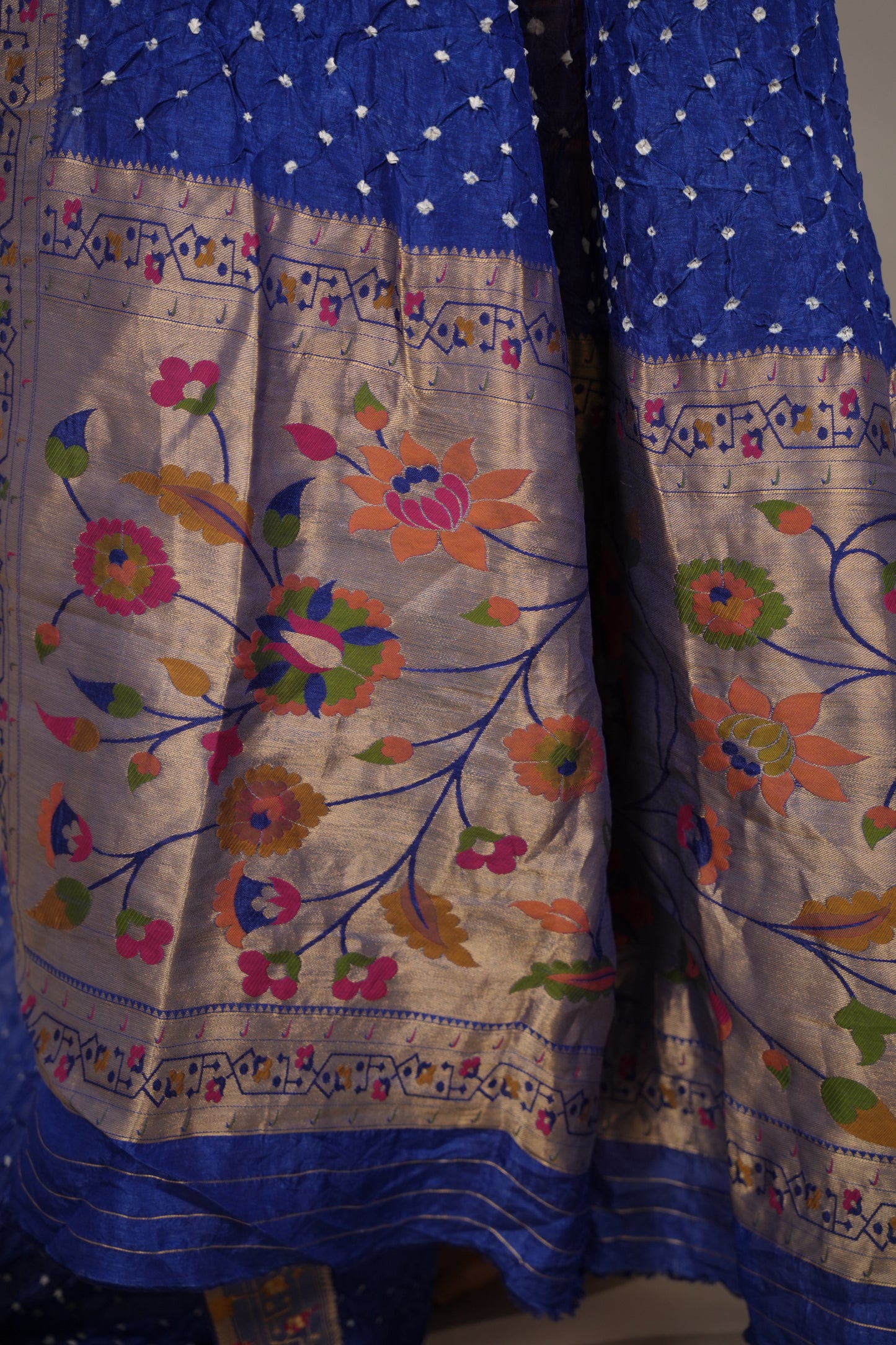 Blue Handcrafted Bandhani Paithani Dola Silk Saree | Looms & Tassels