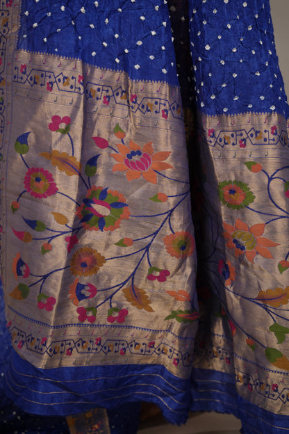 Blue Handcrafted Bandhani Paithani Dola Silk Saree | Looms & Tassels