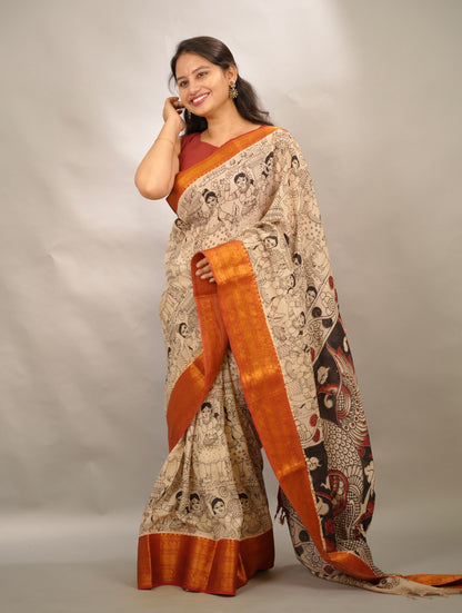 Cream Outline Kanchi border Kalamkari Chennur Silk Saree | Looms & Tassels