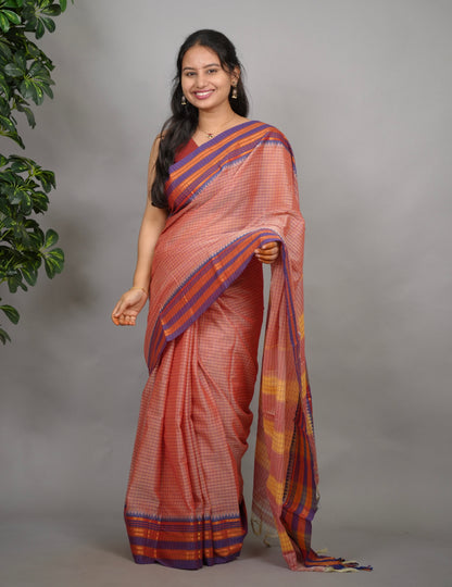 Onion Pink Checks Narayanpet Cotton Saree with Traditional contrast Border | Looms & Tassels