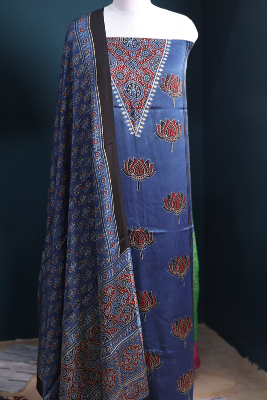Handblock printed Ajrakh modal silk 2 piece suit set