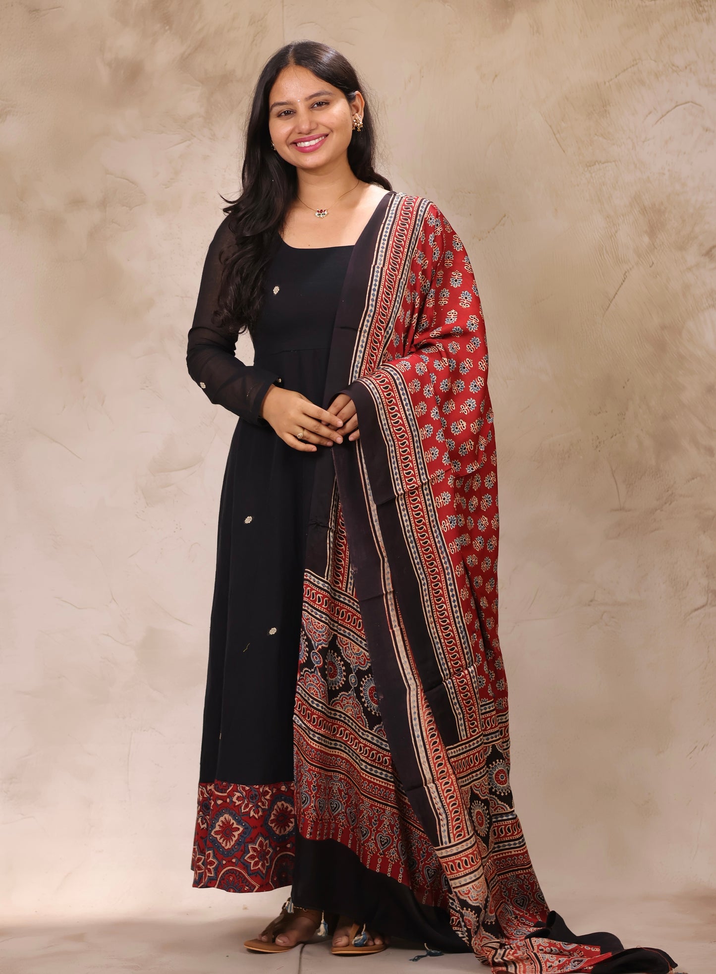 Black Ajrakh Patch Work Narayanpet Cotton Anarkali Dress with Ajrakh Modal Silk Dupatta | Looms & Tassels