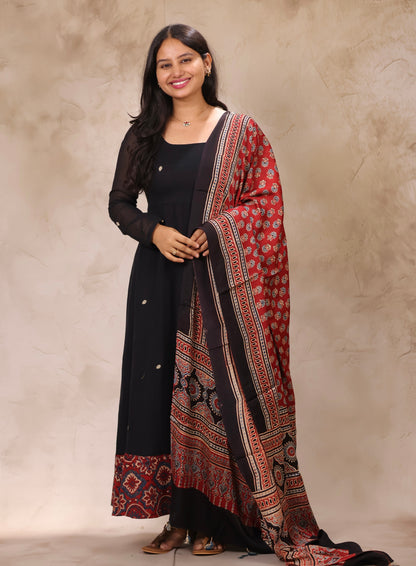 Black Ajrakh Patch Work Narayanpet Cotton Anarkali Dress with Ajrakh Modal Silk Dupatta | Looms & Tassels