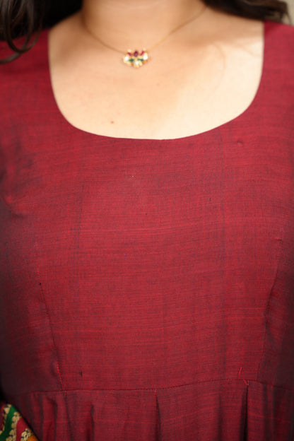 Maroon Narayanpet Cotton Anarkali Dress with Narayanpet Dupatta | Looms & Tassels