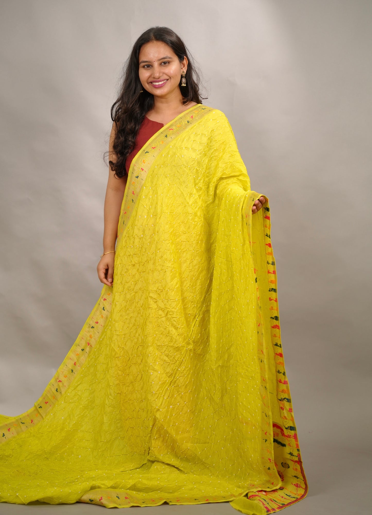 Lemon Green Handcrafted Bandhani Paithani Dola Silk Saree | Looms & Tassels